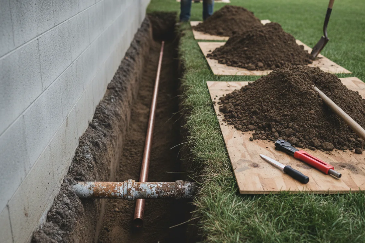 Excavated water line trench during Water Heater Repair in Gadsden